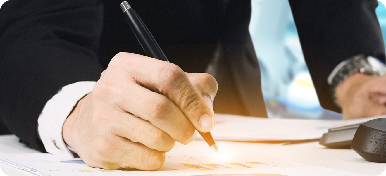 businessman holding pen sign