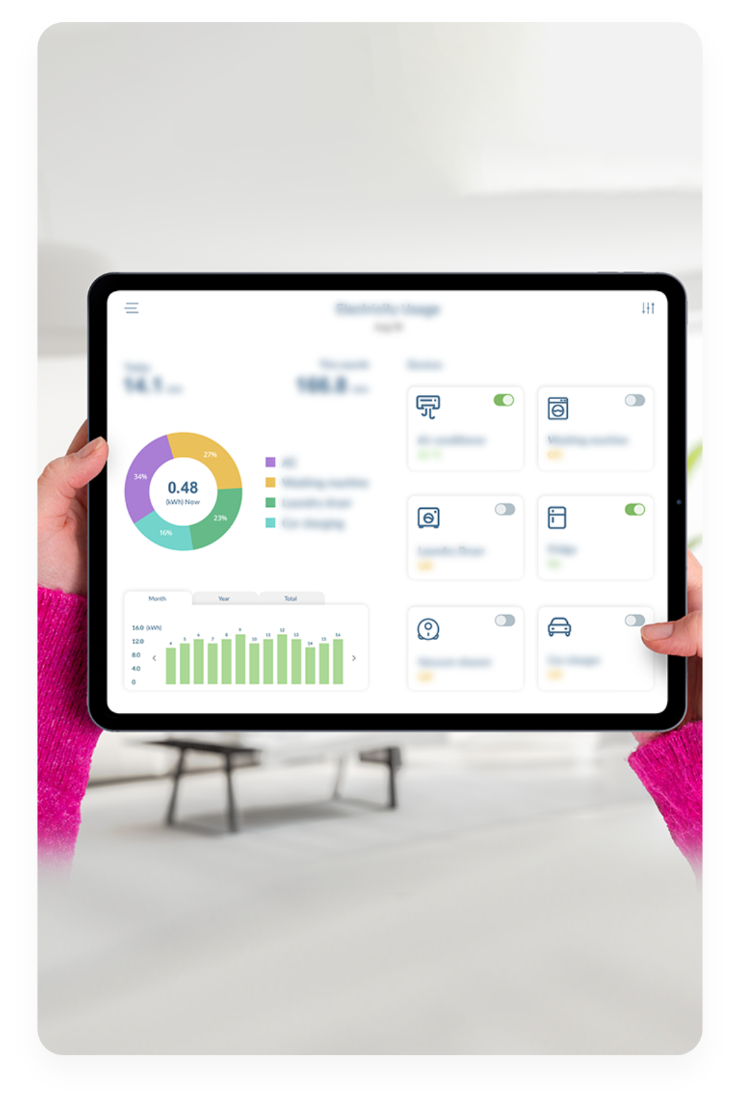 hands hold tablet living room with electricity usage app monitoring consumption controlling home devices concept smart energy