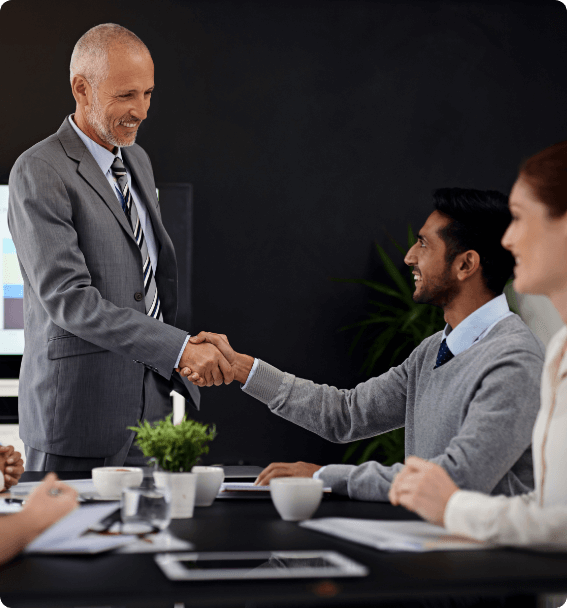 presentation people handshake with smile success deal teamwork collaboration diversity boardroom happy business achievement with congratulations as ce