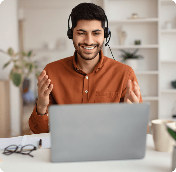 arab man having video call using laptop talking